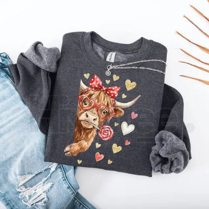 Valentine Highland Cow Sweatshirt: Coquette Western Love XOXO Crewneck