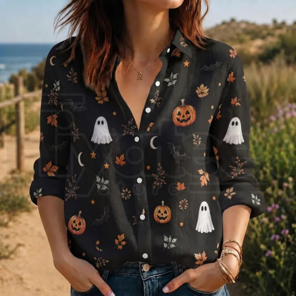 Halloween Ghost Pumpkin Fall Blouse – Spooky Long Sleeve Top, Cute Trick or Treat Shirt & Autumn Leaves Apparel
