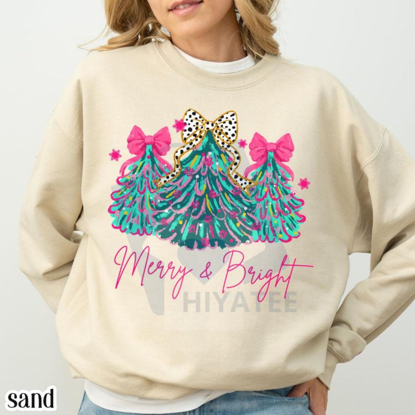 Merry & Bright Christmas Sweatshirt: Pink Xmas Tree Pullover with Festive Bow & Lights, Cute Jolly Mom Crewneck Apparel