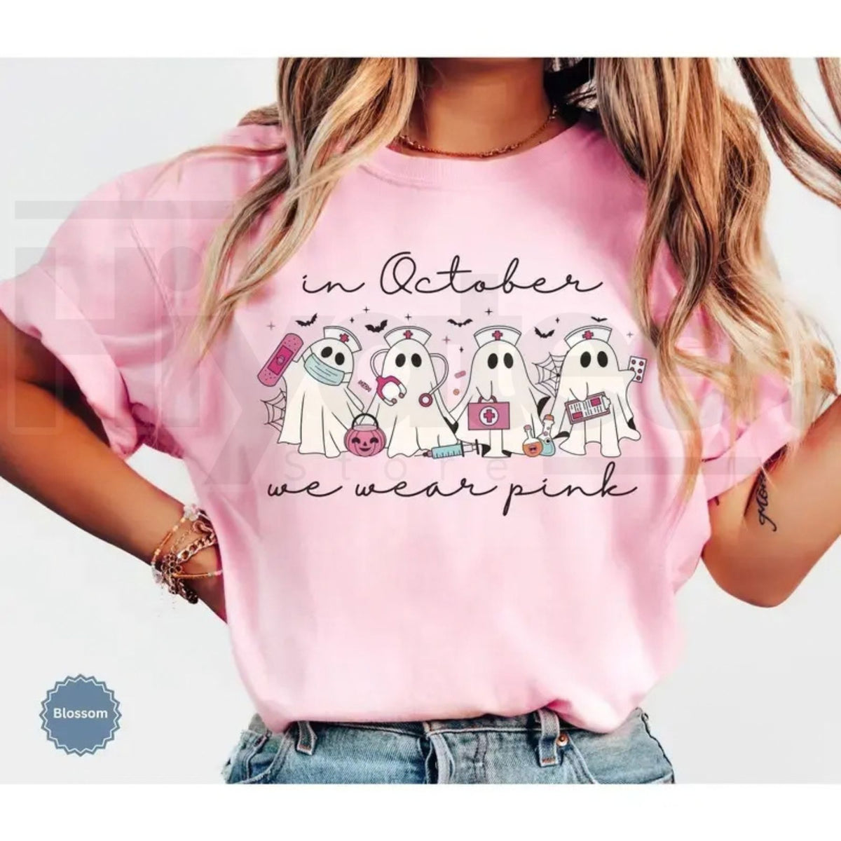 Comfort Colors Pink Ribbon Ghost Nurse Breast Cancer Tee