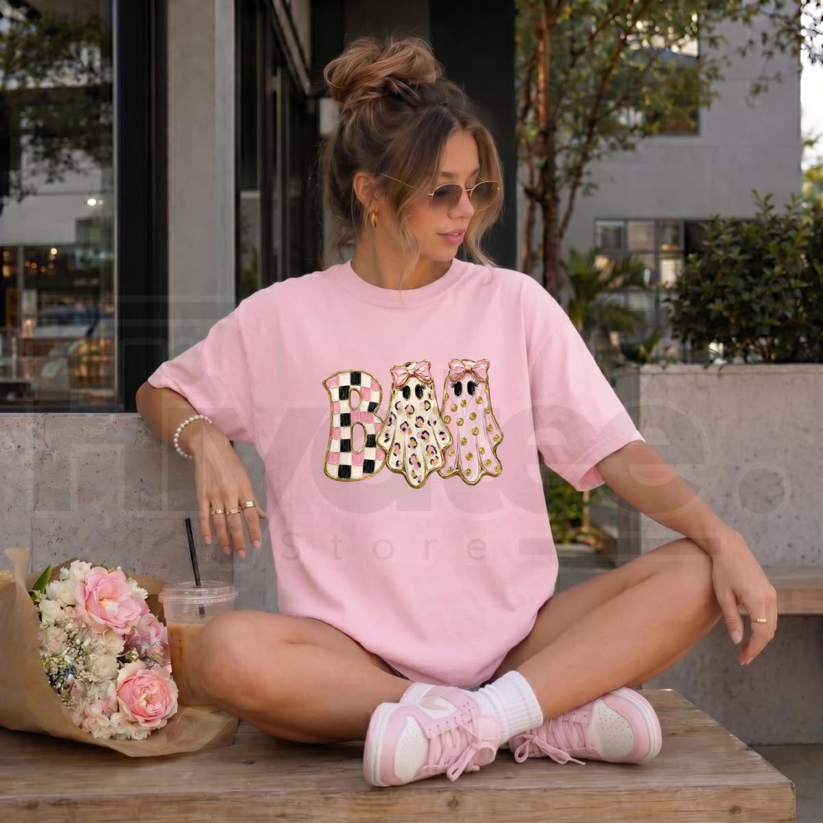 Girly Ghost Boo T-Shirt – Glam Preppy Coquette Bow Halloween Graphic Tee