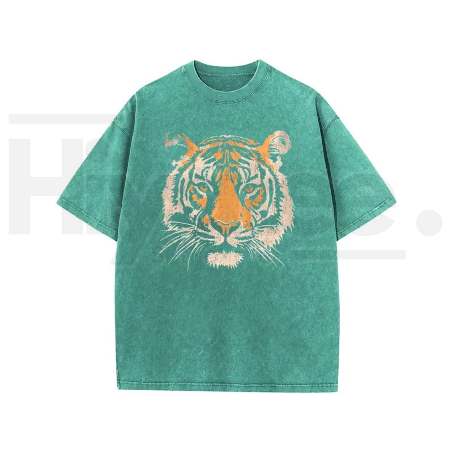 Holafish Unisex Vintage Tiger Graphic Short Sleeve T-Shirt – Acid Washed Heavyweight Cotton Oversized Streetwear Top