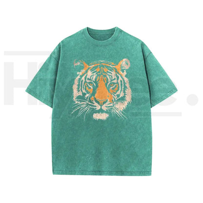 Holafish Unisex Vintage Tiger Graphic Short Sleeve T-Shirt – Acid Washed Heavyweight Cotton Oversized Streetwear Top