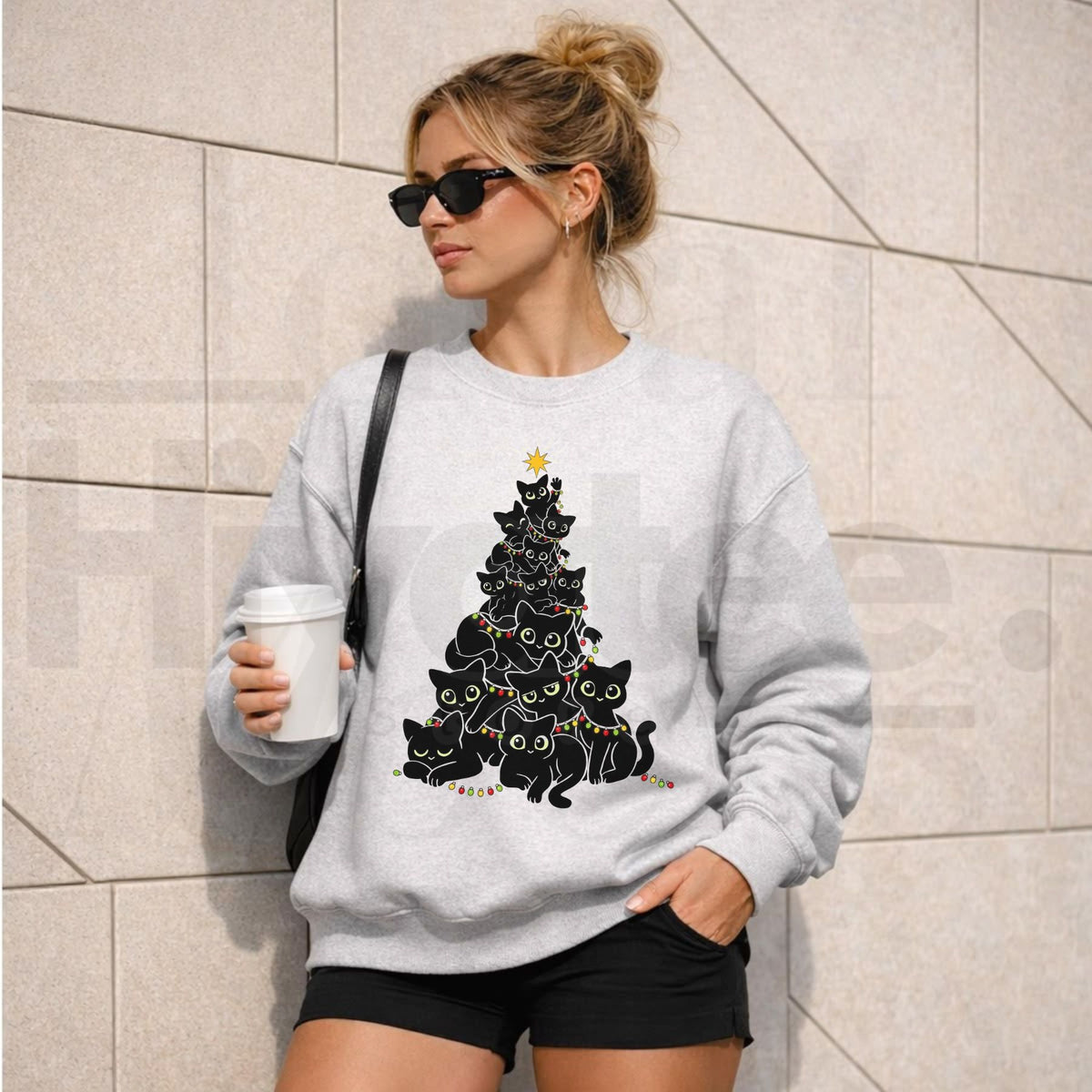 Geometric Black Cat Christmas Tree Sweatshirt, Chic Women's Holiday Graphic Pullover