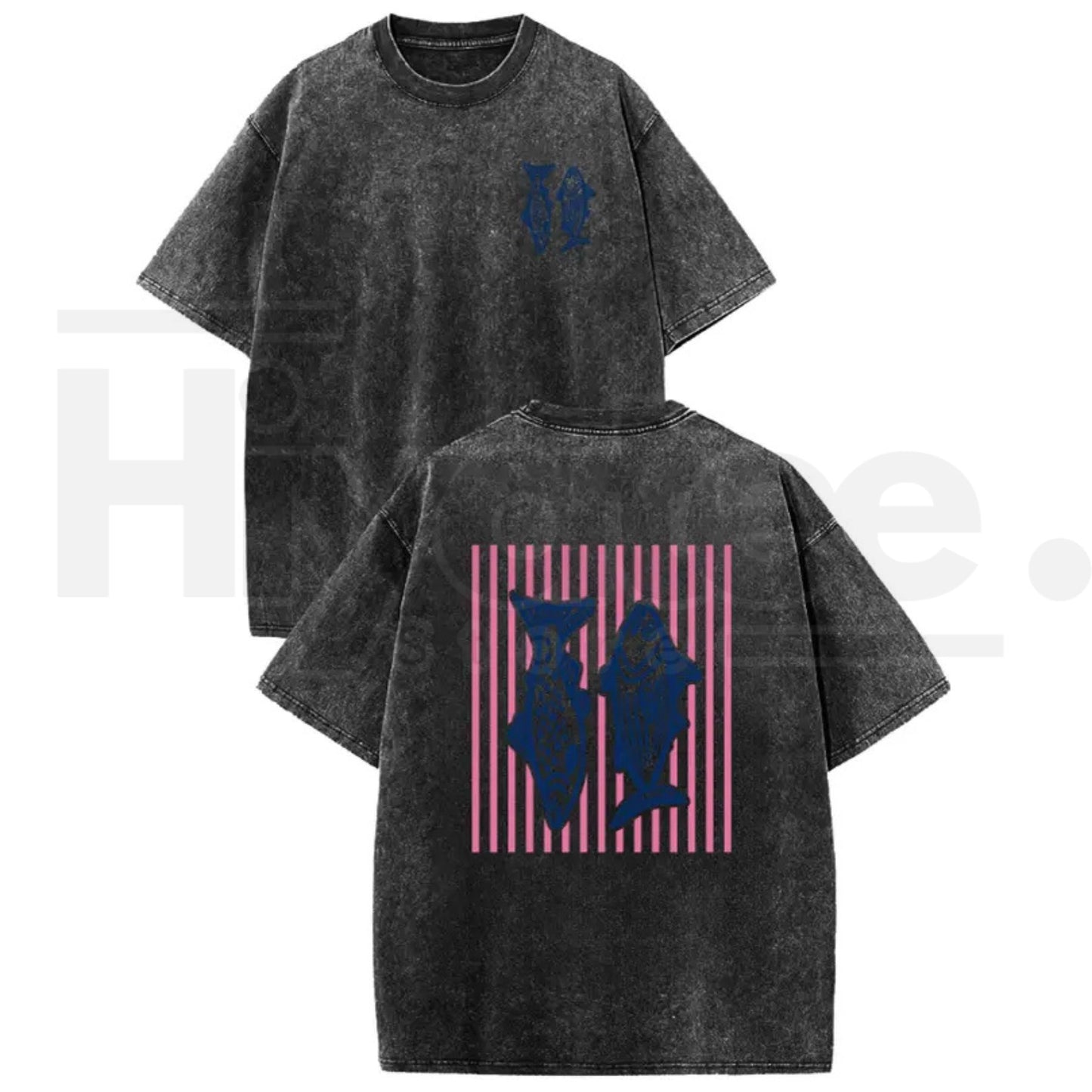 Holafish Pink Striped Fish Graphic T-Shirt – Premium Heavyweight Acid Wash Streetwear Tee