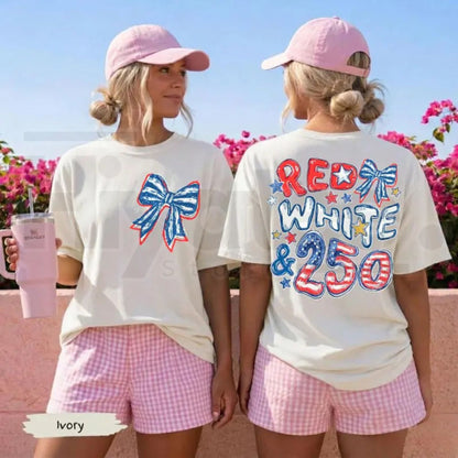 Comfort Colors Red White and 250 Shirt – America 250th Anniversary Patriotic Bow Front and Back Print Tee, 4th of July Outfit