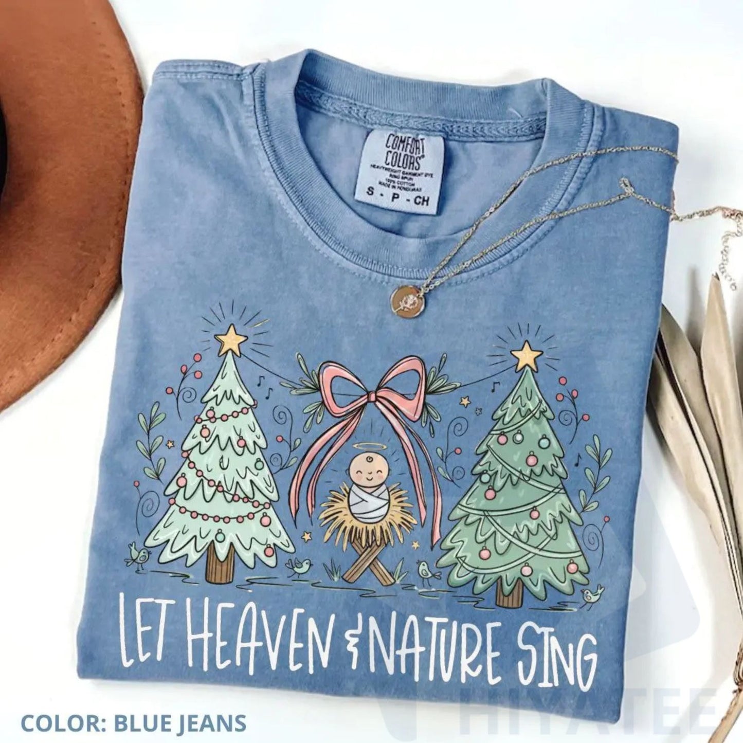 Comfort Colors "Heaven and Nature Sing" T-Shirt – Whimsical Christmas Nativity Bow Trees Tee