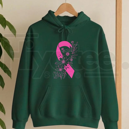 Breast Cancer Ribbon with Flowers Pullover Hoodie – Floral Hope & Awareness Floral Graphic Sweatshirt