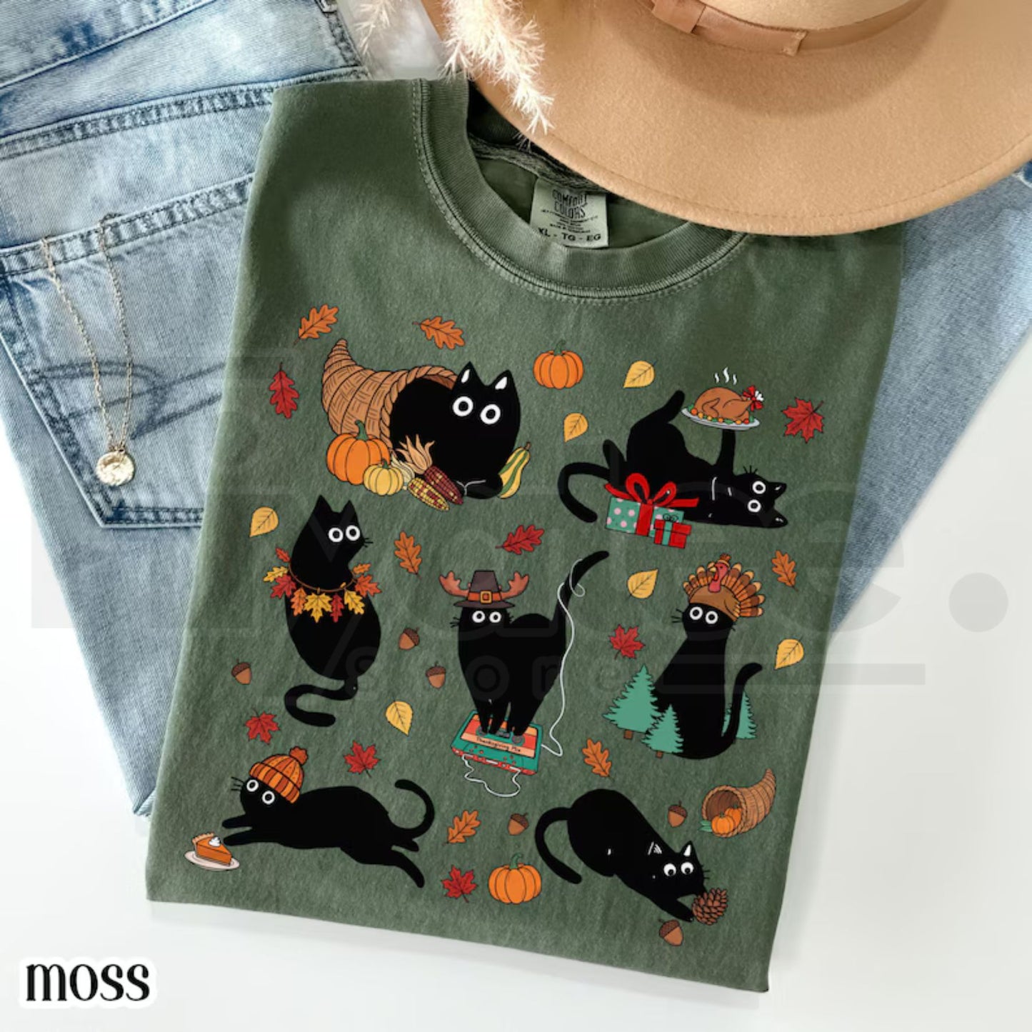 Thanksgiving Cat Comfort Colors Shirt Retro Black Cat Cozy Season Tee
