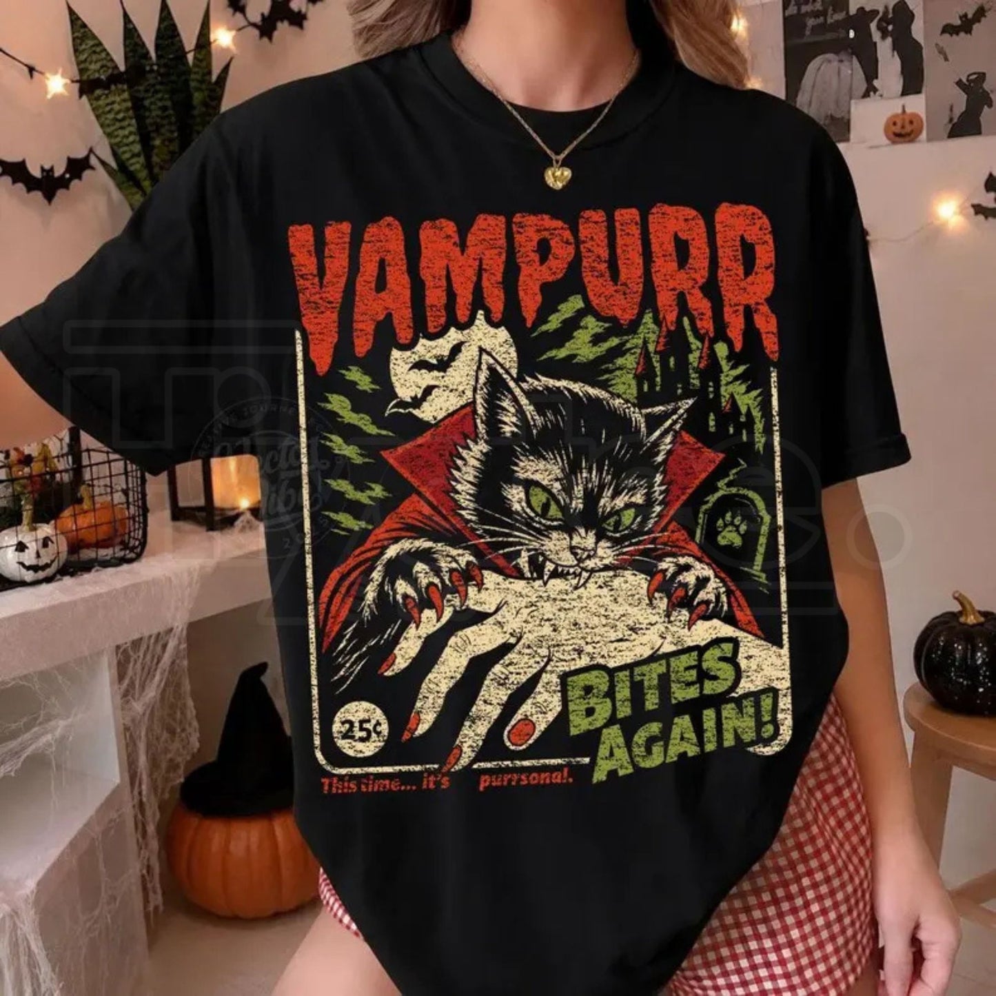 Comfort Colors Vampire Cat Shirt Retro Halloween Funny Spooky Vampurr Tee