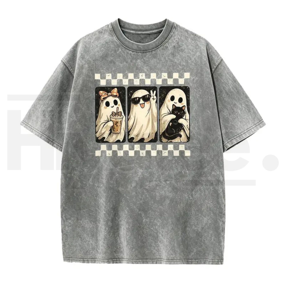 Spooky Theme Halloween Black Cat & Ghost Collage T-Shirt – Vintage Acid Wash Fall Graphic Cotton Tee