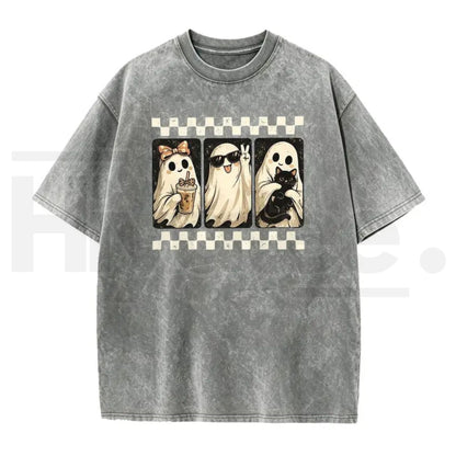 Spooky Theme Halloween Black Cat & Ghost Collage T-Shirt – Vintage Acid Wash Fall Graphic Cotton Tee