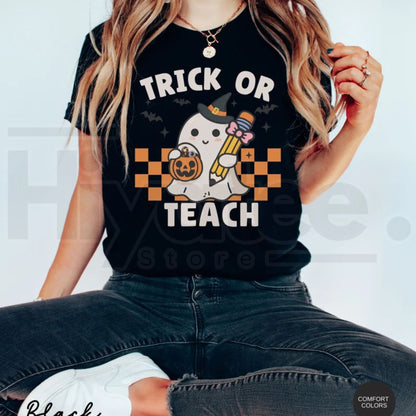 Comfort Colors Teacher Halloween Shirt Retro Ghost Trick or Teach Tee