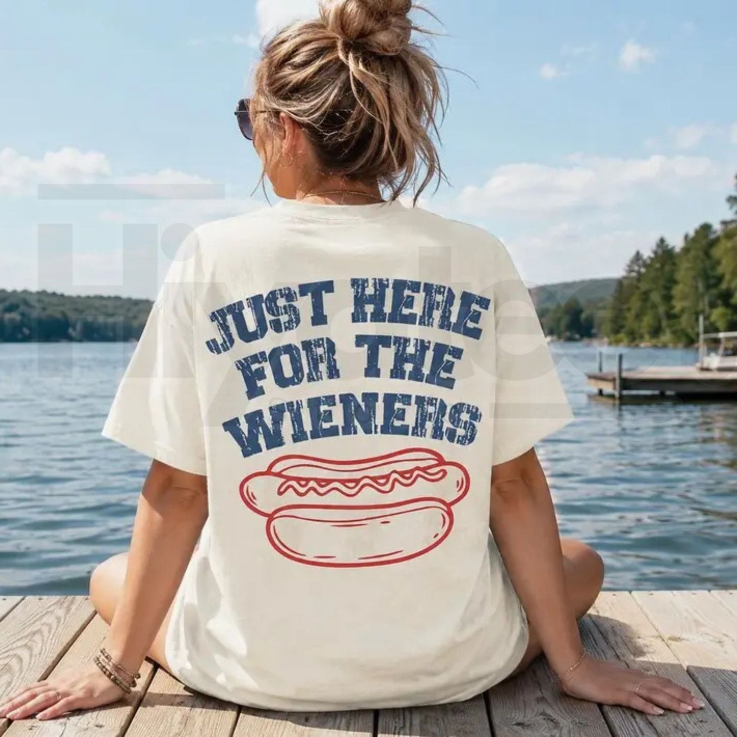 Comfort Colors Just Here For The Wieners T-Shirt – Funny 4th of July Double Sided Hot Dog Patriotic Summer Tee