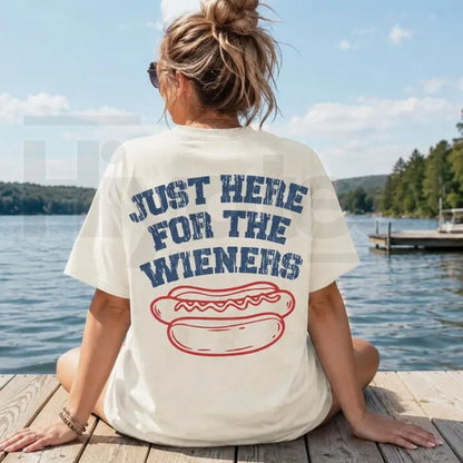 Comfort Colors Just Here For The Wieners T-Shirt – Funny 4th of July Double Sided Hot Dog Patriotic Summer Tee