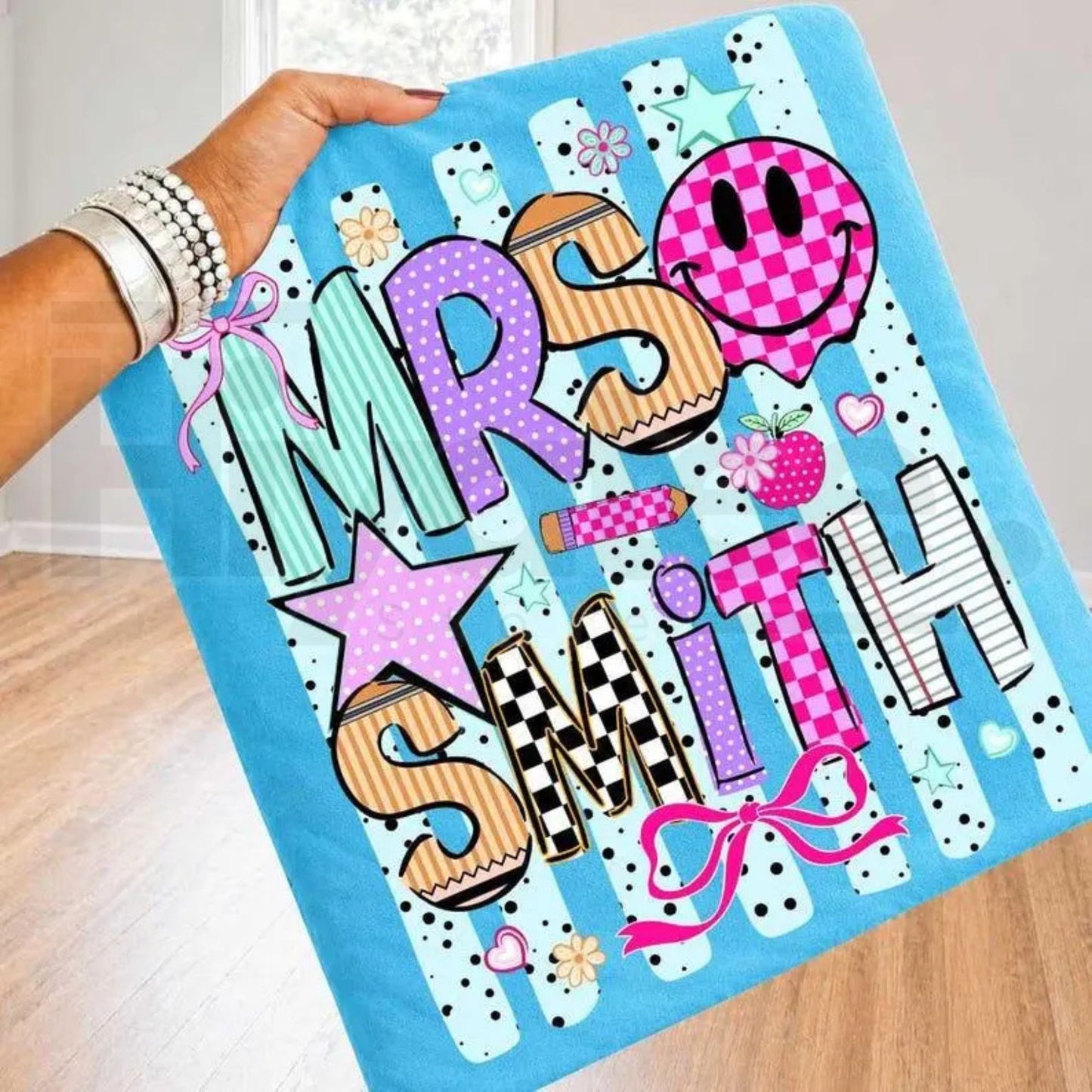 Comfort Colors Personalized Teacher Name Striped Neon Coquette Bow Tee