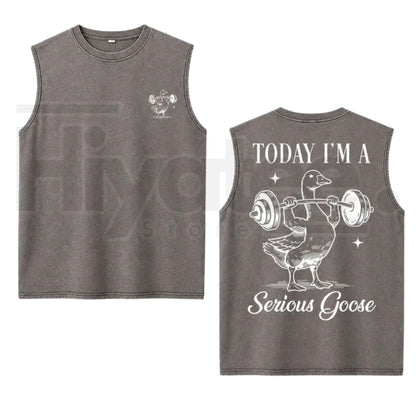 Funny Serious Goose Gym Tank Top – Vintage Washed Cotton Sleeveless Workout Shirt