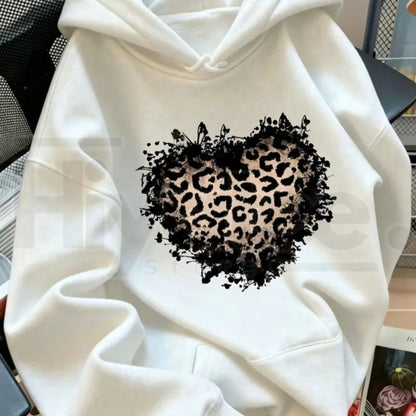 Women's Vintage Distressed Leopard Print Heart Pullover Hoodie