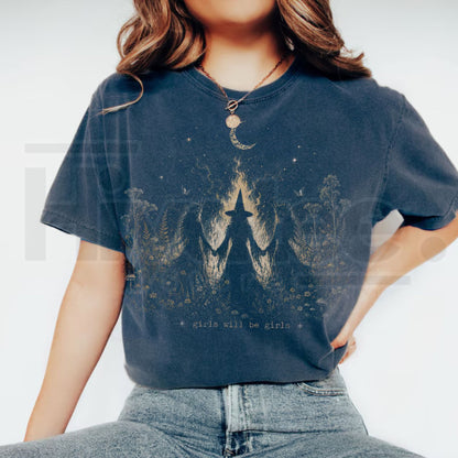 Vintage Girls Will Be Girls Witchy Halloween Feminist T-Shirt