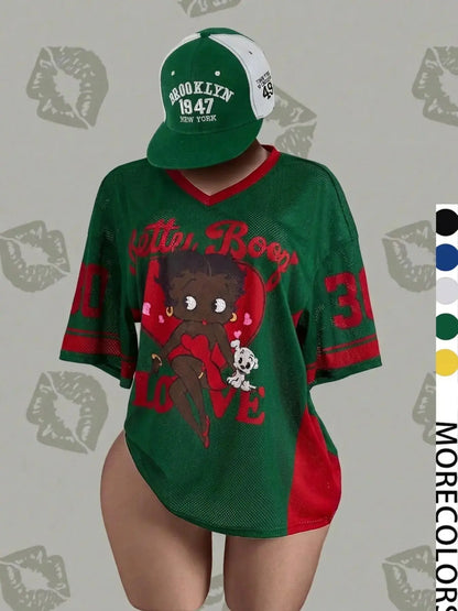 Streetwear Hip-Hop Mesh V-Neck Retro Doll T-Shirt