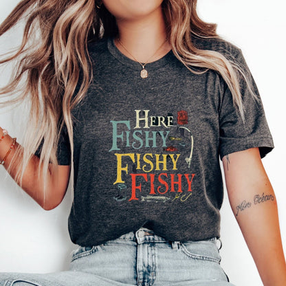 Men's "Here Fishy Fishy" T-Shirt – 100% Cotton Quick-Dry Fishing Graphic Tee 180gsm