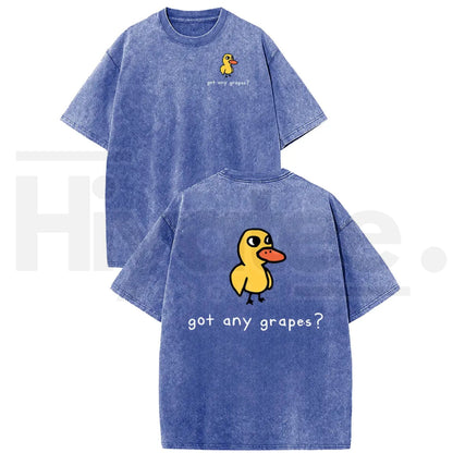 Holafish Women's Retro Vintage "Eat Grapes?" Duck Graphic T-Shirt – Oversized Heavy Washed Cotton Streetwear Tee