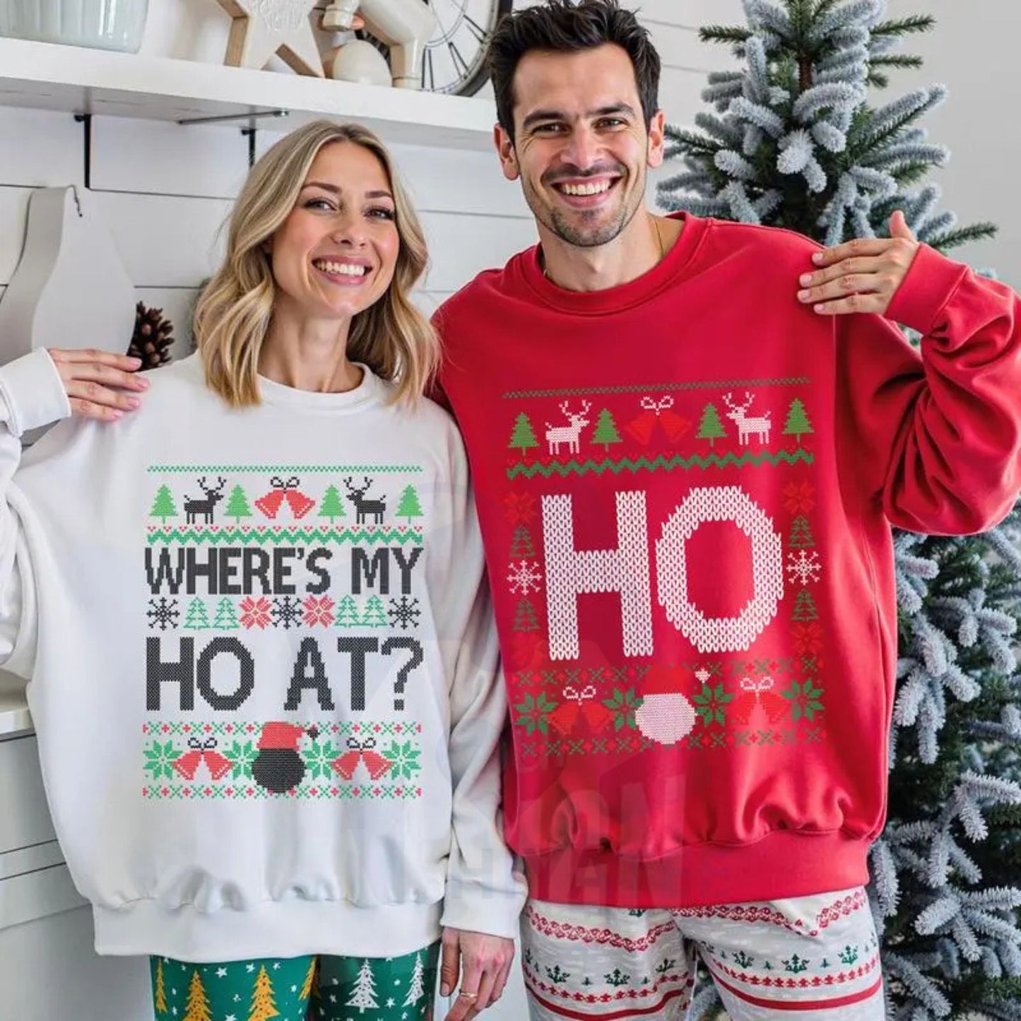Funny Couples Christmas Sweatshirt Set: "Where’s My Ho At" & "Ho Ugly" Christmas Sweaters, Hilarious Holiday Crewnecks
