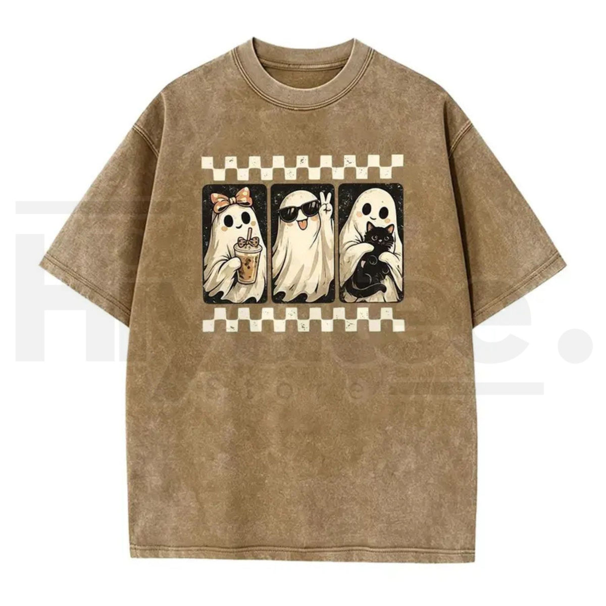 Spooky Theme Halloween Black Cat & Ghost Collage T-Shirt – Vintage Acid Wash Fall Graphic Cotton Tee