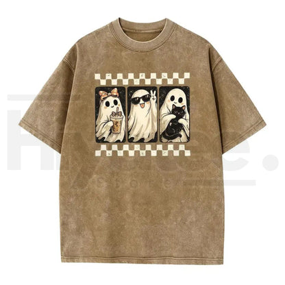 Spooky Theme Halloween Black Cat & Ghost Collage T-Shirt – Vintage Acid Wash Fall Graphic Cotton Tee