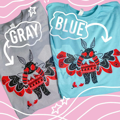 Christmas Mothman Crewneck Sweatshirt: Hand Printed Screen Printing Cotton, Unisex Red Mothman Shirt, Stylish Long Sleeve Streetwear