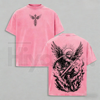 Archangel Michael "Angel of Fire" Vintage Washed Oversized Tee – Heavy Cotton Christian Streetwear