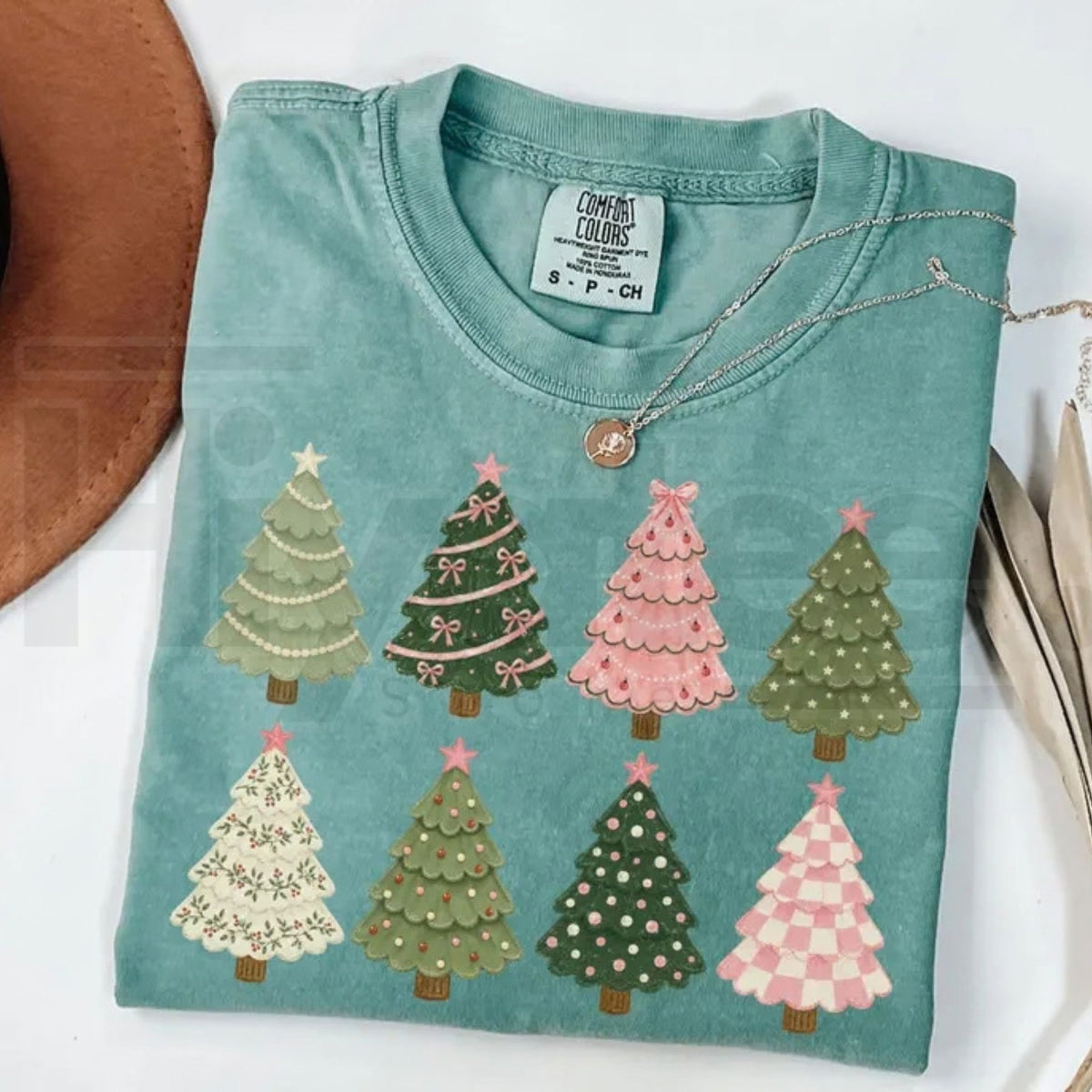 Comfort Colors Whimsical Christmas Trees Pink Holiday Tee