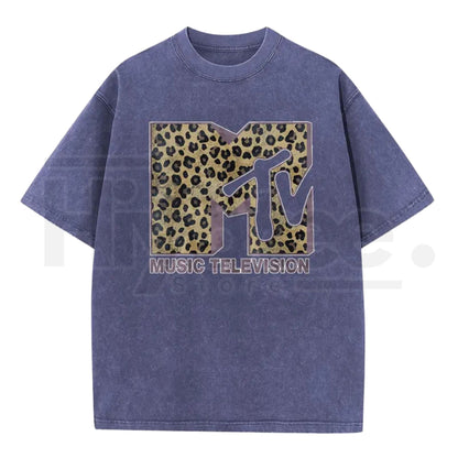 Vintage Leopard Graphic Washed T-Shirt – Retro 80s 90s Music Style Oversized Tee