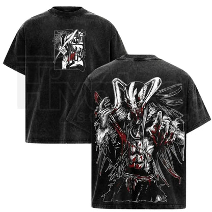 Hollow Mask Warrior Vintage Washed T-Shirt – Anime Inspired Heavy Cotton Oversized Graphic Tee