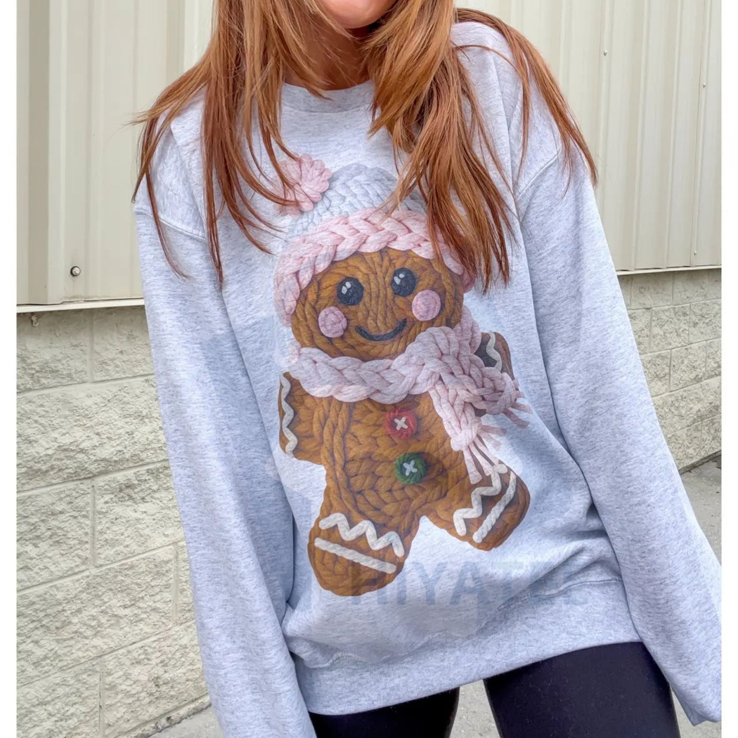 Cute Yarn Gingerbread Graphic Top: Faux Stitch Christmas Sweater, Cozy Holiday Crewneck Pullover, Unisex Festive Apparel
