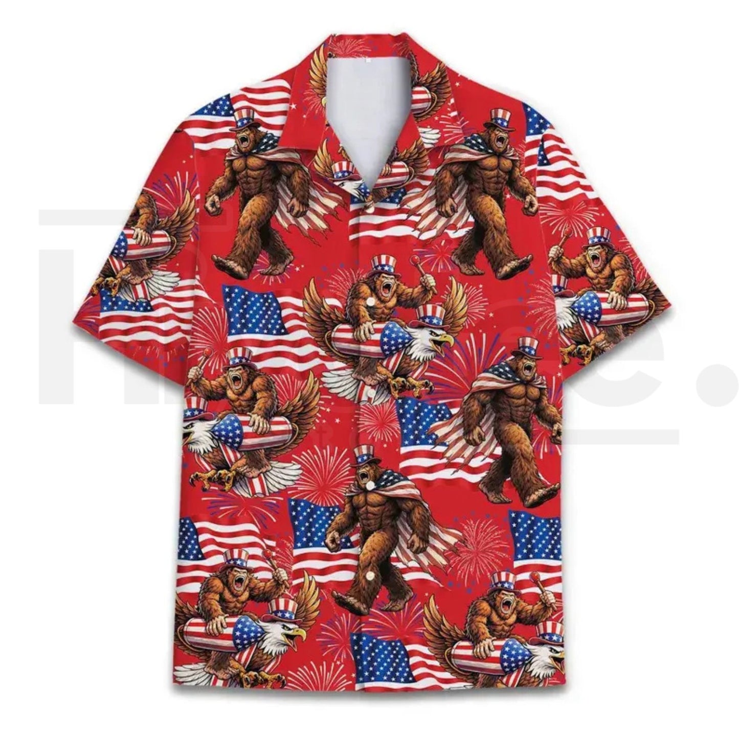 Bigfoot Firework Hawaiian Shirt – Patriotic Aloha Shirt, USA Flag Print, Summer Vacation Party Wear, Gift For Him