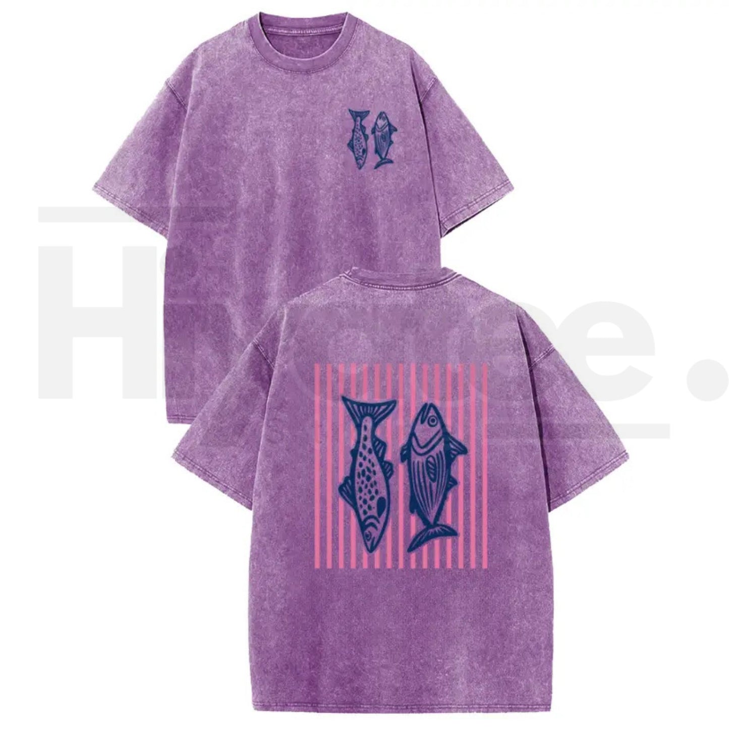 Holafish Pink Striped Fish Graphic T-Shirt – Premium Heavyweight Acid Wash Streetwear Tee