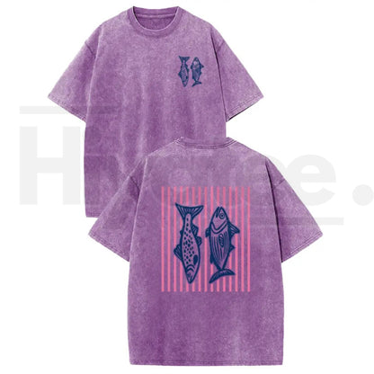 Holafish Pink Striped Fish Graphic T-Shirt – Premium Heavyweight Acid Wash Streetwear Tee