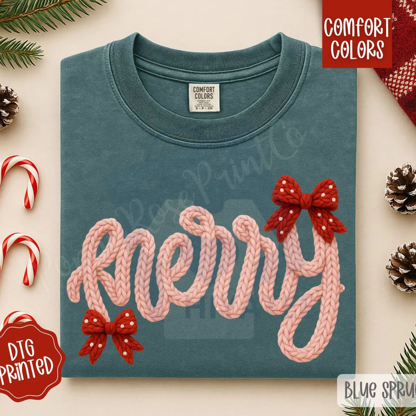 Faux Knit Merry Shirt Comfort Colors – Trendy Women's Christmas T-shirt, Vintage Knit Style Holiday Tee