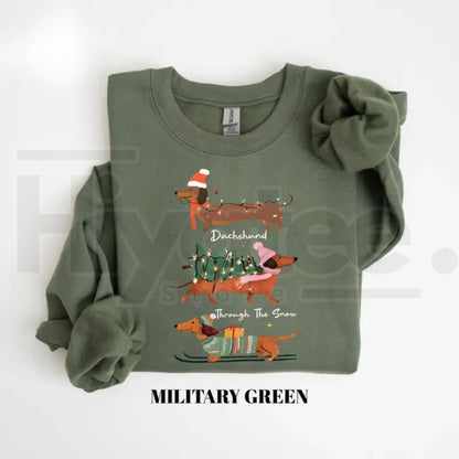Christmas Wiener Dog Sweatshirt, Retro Dachshund Holiday Graphic Crewneck