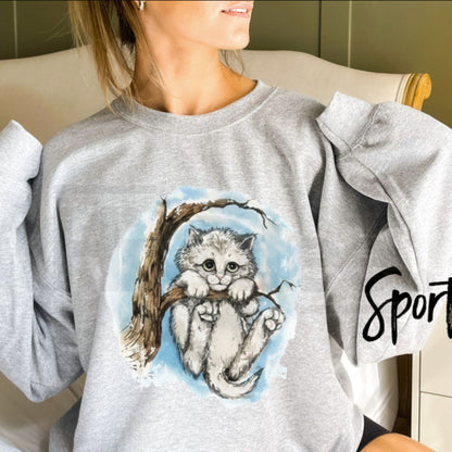 Vintage Kitten Graphic Sweatshirt - Cute Sad Cat in Winter Tree Crewneck Pullover