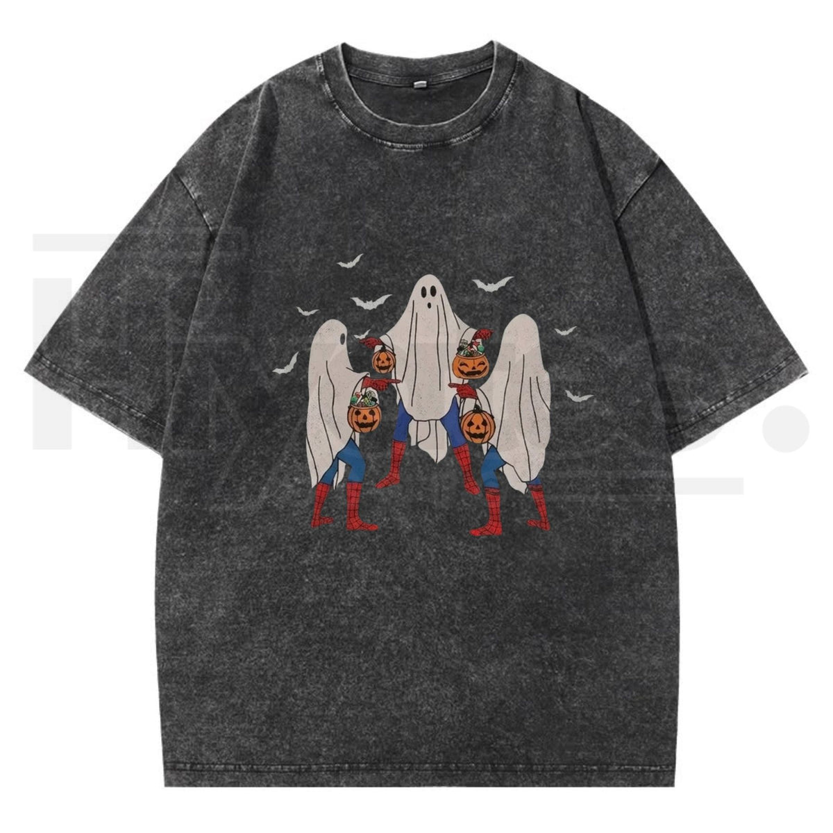 Meme Bedsheet Ghost Pumpkin Bucket Halloween T-Shirt – Vintage Washed Grunge Streetwear Cotton Tee