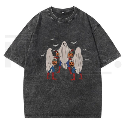 Meme Bedsheet Ghost Pumpkin Bucket Halloween T-Shirt – Vintage Washed Grunge Streetwear Cotton Tee