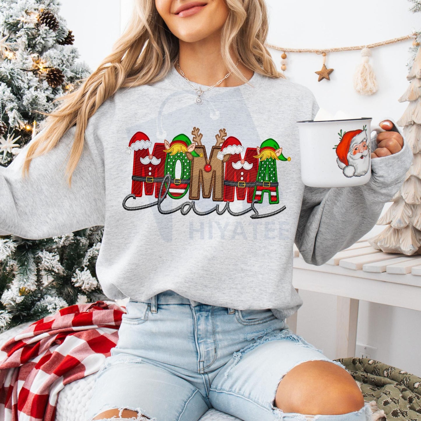 Unisex Faux Embroidery Santa Claus Sweatshirt – Vintage Holiday Pullover, Cozy Christmas Gift