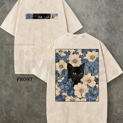 "Cat in the Flowers" Double-Sided T-Shirt – Vintage Washed 230gsm Heavyweight Streetwear