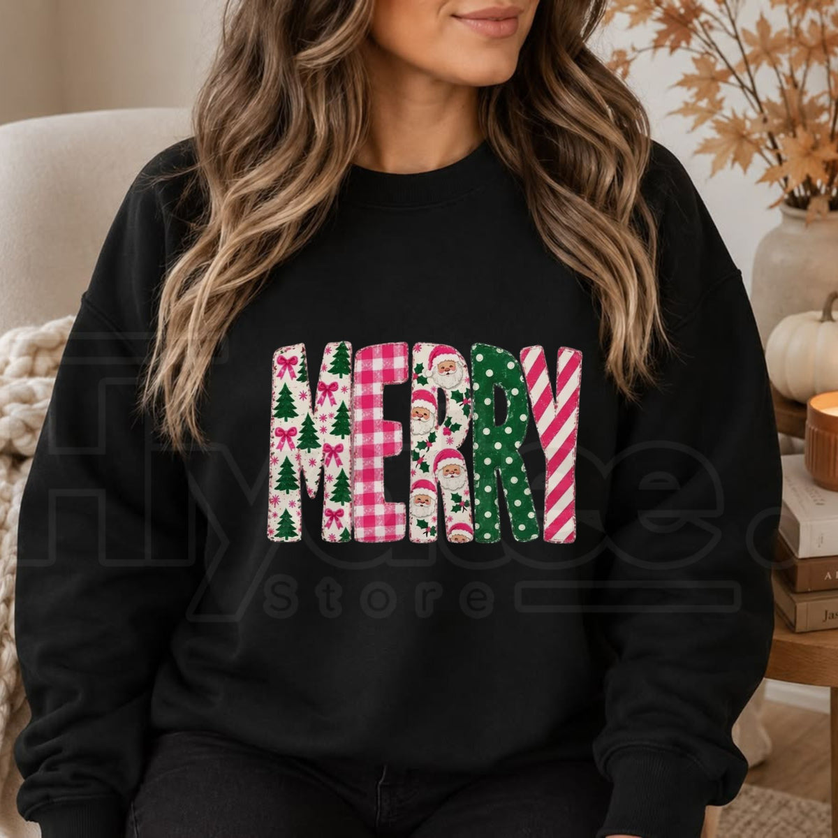 Retro Pink Merry Christmas Sweatshirt, Polka Dot Tree & Vintage Santa Graphic Pullover