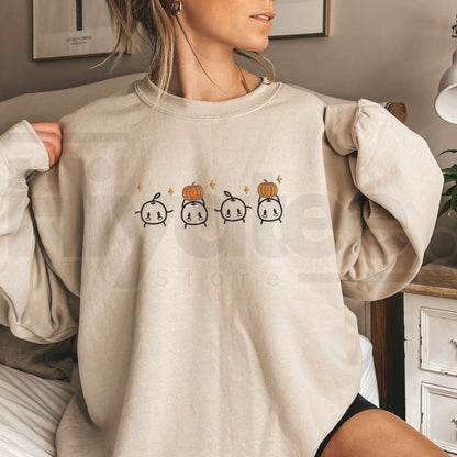 Embroidered Junimos with Pumpkins Sweatshirt – Stardew Valley Cozy Fall Gamer Crewneck, Cottagecore Pumpkin Patch Pullover