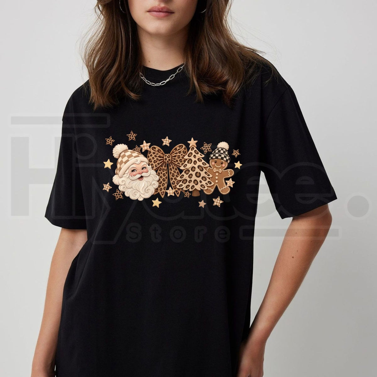 Women's Festive Holiday Aesthetic T-Shirt – Retro Leopard Gingerbread Man & Coquette Bow Tee