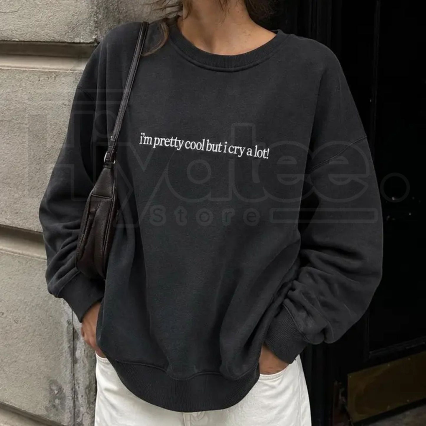 Cry A Lot! Wipe Tears Here Crewneck: Funny Aesthetic Emotional Graphic Sweatshirt
