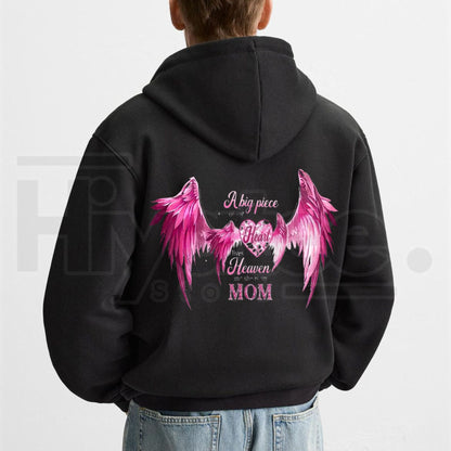 Women’s A Big Piece Of My Heart Lives In Heaven Mom Memorial Back Print Hoodie – Pink Angel Wings Heart Graphic Sweatshirt